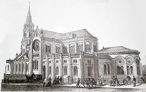 L'église à la fin du XIXe&nbsp;siècle, vue de l'arrière. Gravure anonyme.