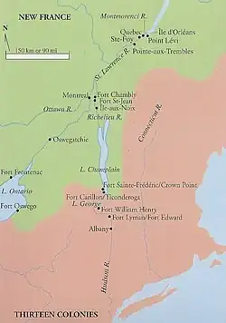Lac Champlain à la veille de la guerre de Sept Ans, zone très disputée, 1754.
