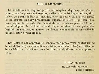Extrait de l'opuscule original de Daniele Rosa sur le nov latin, 1890.