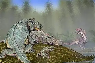 Restitution par D. Bogdanov d'un groupe d'Estemmenosuchus uralensis en compagnie d'un Eotitanosuchus.