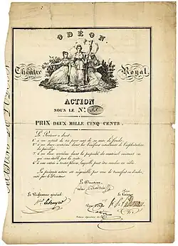 Action de l'Odéon Théâtre Royal, émise le 27 avril 1827, signée en original par le dramaturge Frédéric du Petit-Méré en tant que directeur (de février 1826 jusqu'à sa mort le 4 juillet 1827)