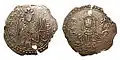 Portrait de Vladimir le Grand sur un srebrennik (argent, 2,85 g), sous-multiple de la grivna, frappée entre 980 et 1015 (Musée numismatique d'Odessa).