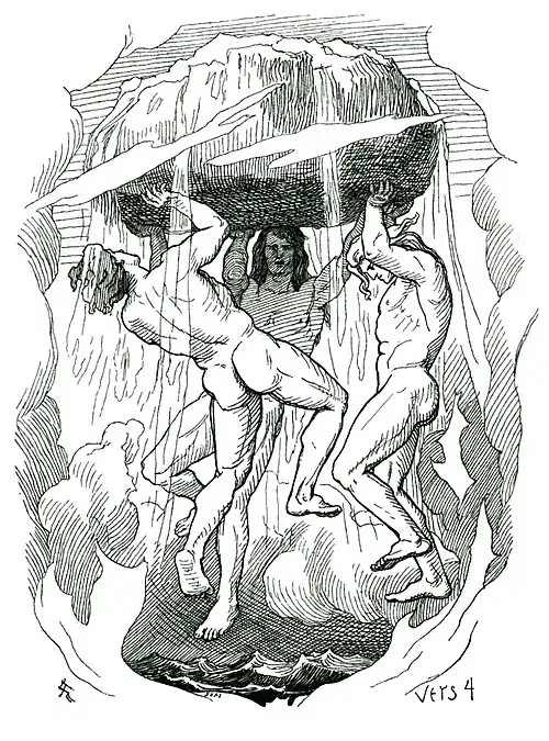 Gravure de Lorenz Frølich représentant la création du monde par Odin, Vili et Vé.
