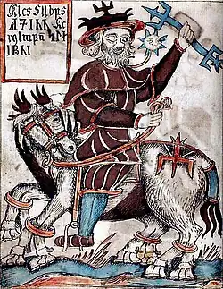 Une illustration d'Odin chevauchant Sleipnir, dans un manuscrit islandais du XVIIIe&nbsp;siècle de l'Edda en prose, source Danish Royal Library.