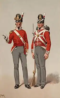 Gravure en couleur. Deux militaires en tunique rouge