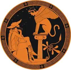 Détail du kylix attique Œdipe et le Sphinx.