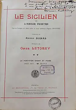 Ex-dono d'Omer Letorey sur un exemplaire du ''Sicilien''