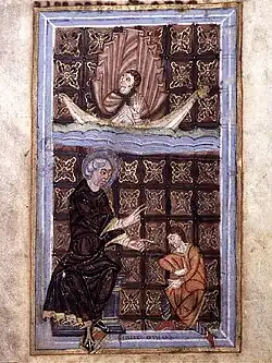 Peinture médiévale montrant un homme qui en désigne un autre agenouillé.