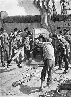 L'illustration en noir et blanc montre le pont de la Chesapeake dont l'équipage s'affaire autour d'un canon pointé sur un navire, au loin. Un officier enflamme l'amorce afin de déclencher l'unique tir de la frégate contre le bâtiment britannique Leopard.