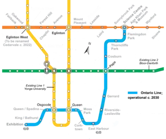 La ligne Ontario telle qu'elle apparaîtra sur le plan du réseau après son ouverture, avec la ligne 5 Eglinton (en haut) en cours de construction
