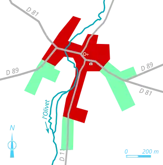 Carte en couleur représentant les étapes de développent du bâti d'un bourg.