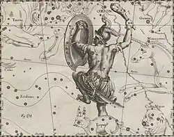 Constellation d'Orion - 1690 (Uranographia) - La vue est inversée pour correspondre à la vision avec un télescope