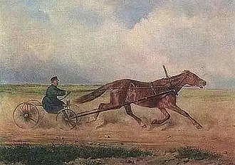 peinture d'un petit attelage à quatre roues attelé à un cheval roux, vu de profil.