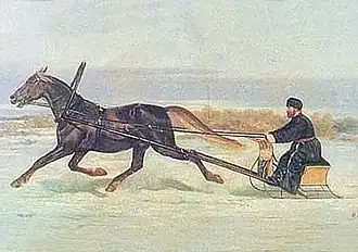 Peinture d'un traineau attelé à un cheval roux, vu de profil.