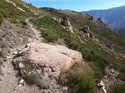 Affleurements d'orthogneiss sur le sentier entre le col de Mantet et le pic de Tres Estelles.