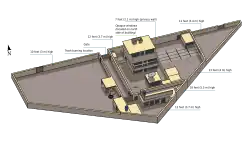 Diagram of terrorist Osama Bin Laden's compound. Contains one large three-story building and several smaller outbuildings. There are large yards on the right and left. Everything is surrounded by a high concrete wall. There are internal walls separating some courtyards for defensive purposes.