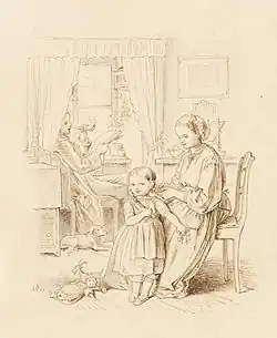 gravure représentant une famille, au premier plan une jeune fille, à ses côtés sa mère, au fond son père