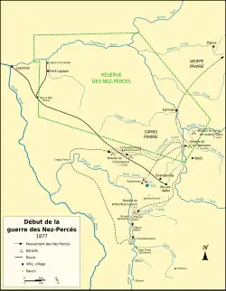 Carte topographique indiquant les rivières et les positions des belligérants.