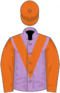 Mauve, orange chevrons on sleeves, orange cap