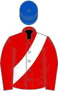 Red, white sash, royal blue cap