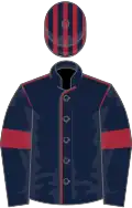 Dark blue, maroon seams and armlets, striped cap