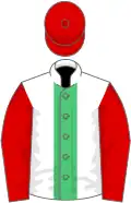 White, emerald green stripe, red sleeves and cap
