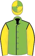 Light green, black seams, yellow sleeves, black seams, yellow and green quartered cap