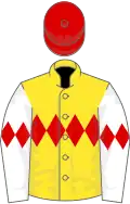 Yellow, red triple diamond, white sleeves, red diamond armbands, red cap