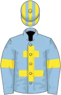 Light blue, yellow cross of lorraine and armlets, striped cap