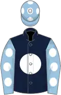 Dark blue, white disc, light blue sleeves, white spots and cap