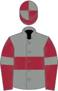 Grise, ceinture grenat, manches grenat brassards gris, toque écartelé grenat et gris