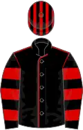 Black, red seams, hooped sleeves, striped cap