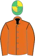 Orange, brown seams, emerald green and yellow quartered cap