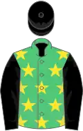 Emerald green, yellow stars, black sleeves and cap