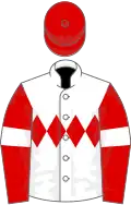 White, red triple diamonds, red sleeves, white armlets, red cap