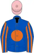 Royal blue, orange disc, striped sleeves, pink cap