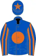 Royal blue, orange disc, striped sleeves, star on cap