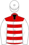 Red and white hoops, white sleeves and cap