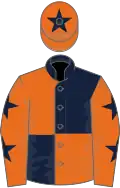 Dark blue and orange (quartered), orange sleeves, dark blue stars, orange cap, dark blue star