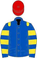 Royal blue, yellow epaulets, hooped sleeves, red cap