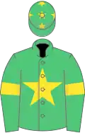 Emerald green, yellow star, armlets and stars on cap