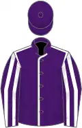 Purple, white seams, striped sleeves, purple cap