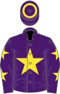 Purple, yellow star, yellow stars on sleeves, purple cap, yellow  hoop