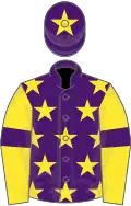 purple, yellow stars, yellow sleeves, purple armlets, purple cap, yellow star.