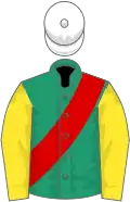 Emerald green, red sash, yellow sleeves, white cap