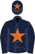 Dark blue, orange star, dark blue sleeves, dark blue cap, orange star