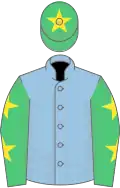 Light blue, emerald green sleeves, yellow stars, emerald green cap, yellow star