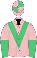 Pink, green chevron, pink and green halved sleeves, quartered cap