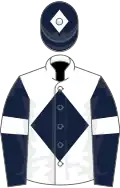 White, dark blue diamond, dark blue sleeves, white armlets, dark blue cap, white diamond