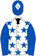 White, royal blue stars and sleeves, royal blue cap, white star